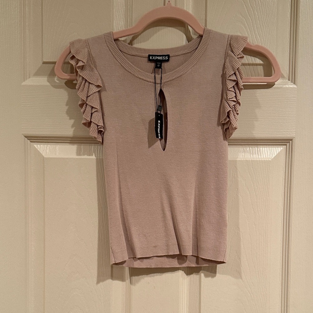Express Sleeveless Ruffle Shoulder Knit Tank in Blush Pink